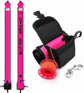 Surface Marker Buoy Scuba with Reel, 6ft High Visibility Diving Open Bottom Signal Tube Safety Sausage with Pouch Bag, 100ft ABS Dive Reel and Steel Double-Ended Bolt Snap