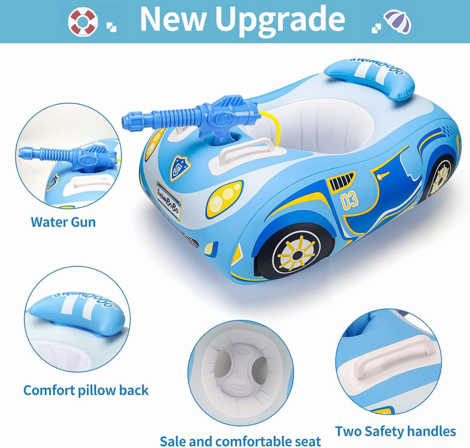 Swimbobo Toddler Pool Float with Seat Boat Inflatable Ride-on Airplane Pirates Sharks Car for Kids Outdoor Toys