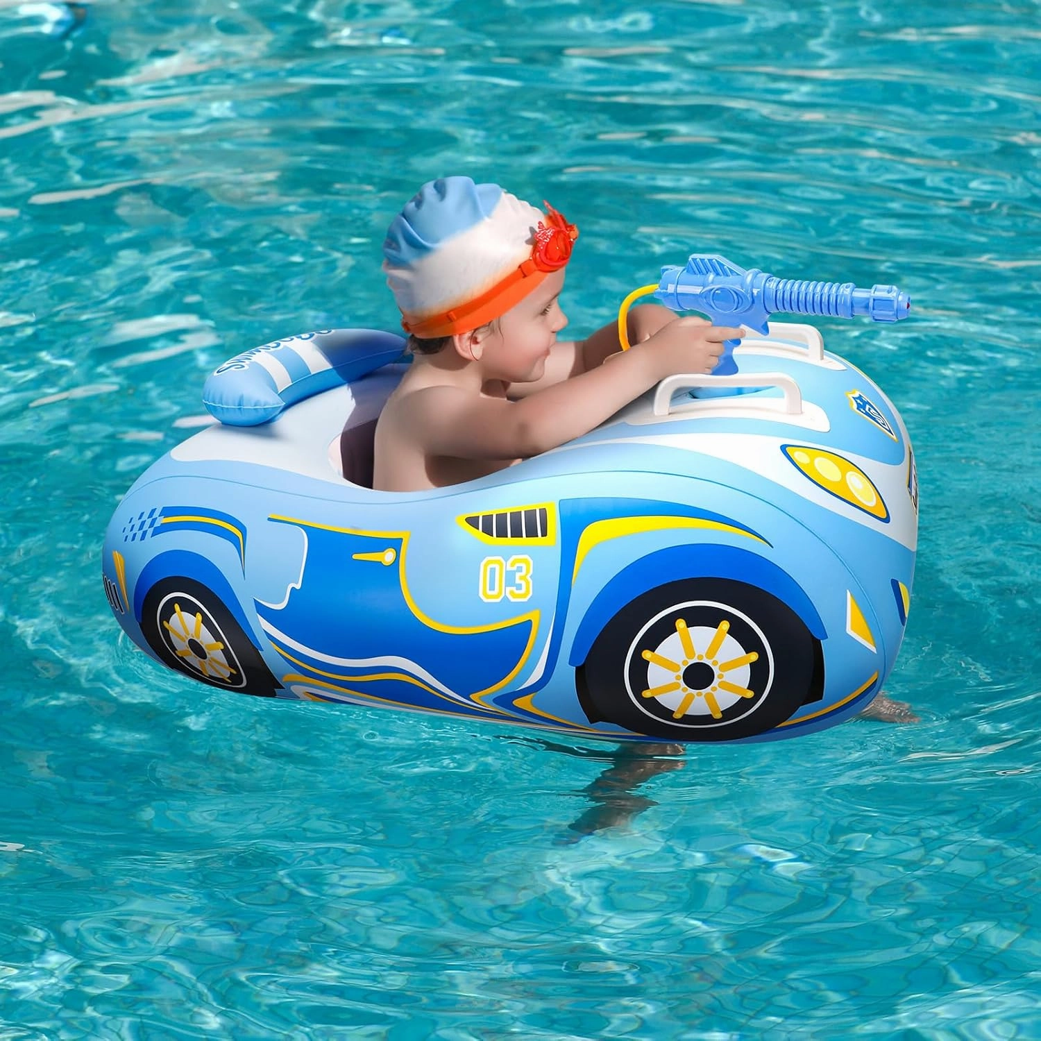 Swimbobo Toddler Pool Float with Seat Boat Inflatable Ride-on Airplane Pirates Sharks Car for Kids Outdoor Toys