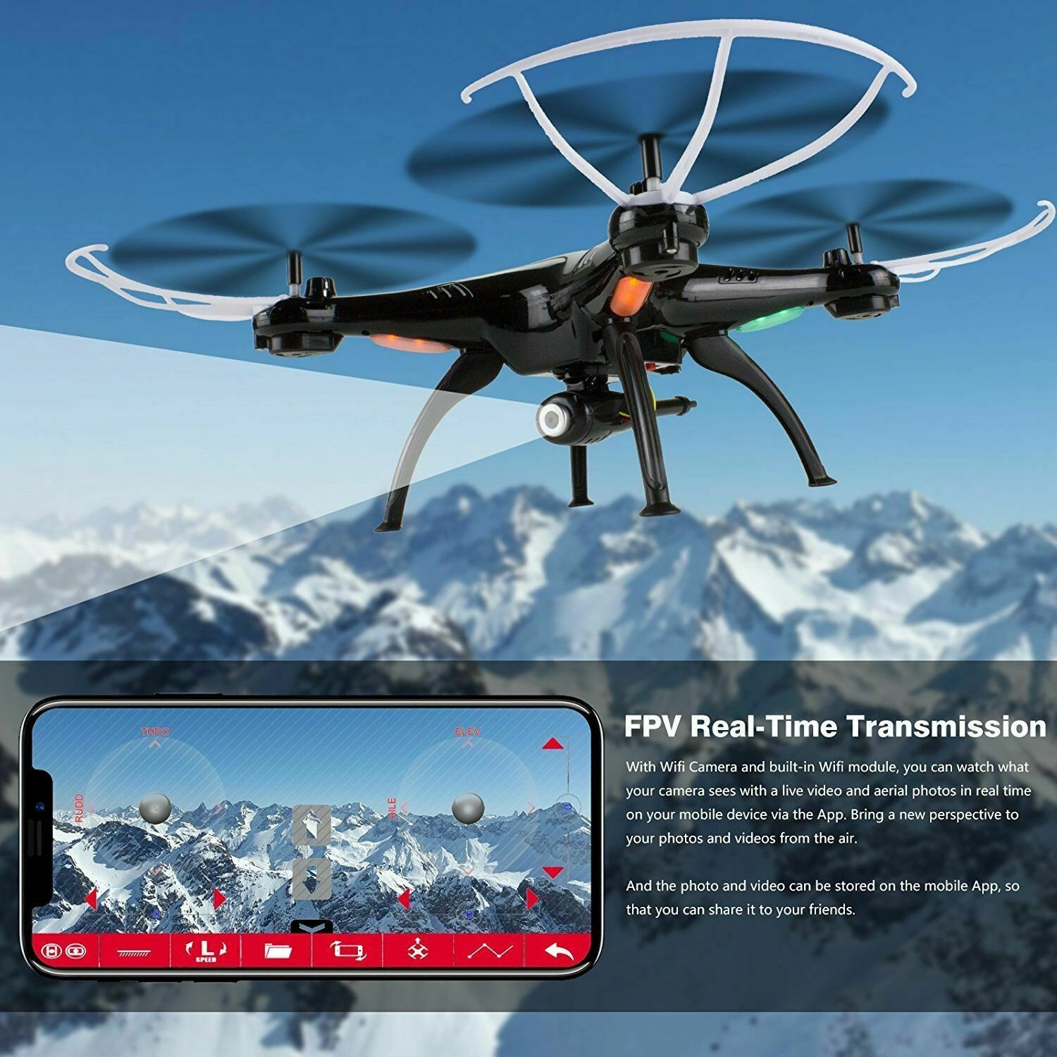 Syma X5SW-V3 Wifi FPV 2.4G 4CH RC Quadcopter Drone HD Camera RTF Black Batteries