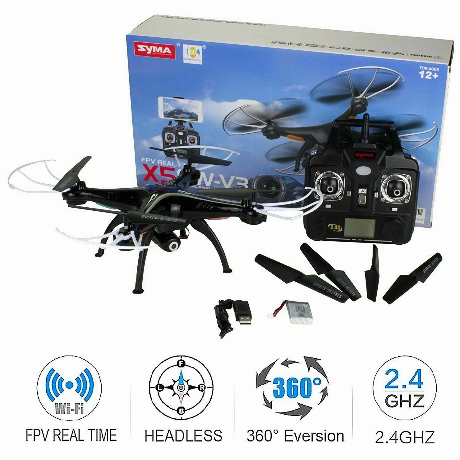 Syma X5SW-V3 Wifi FPV 2.4G 4CH RC Quadcopter Drone HD Camera RTF Black Batteries