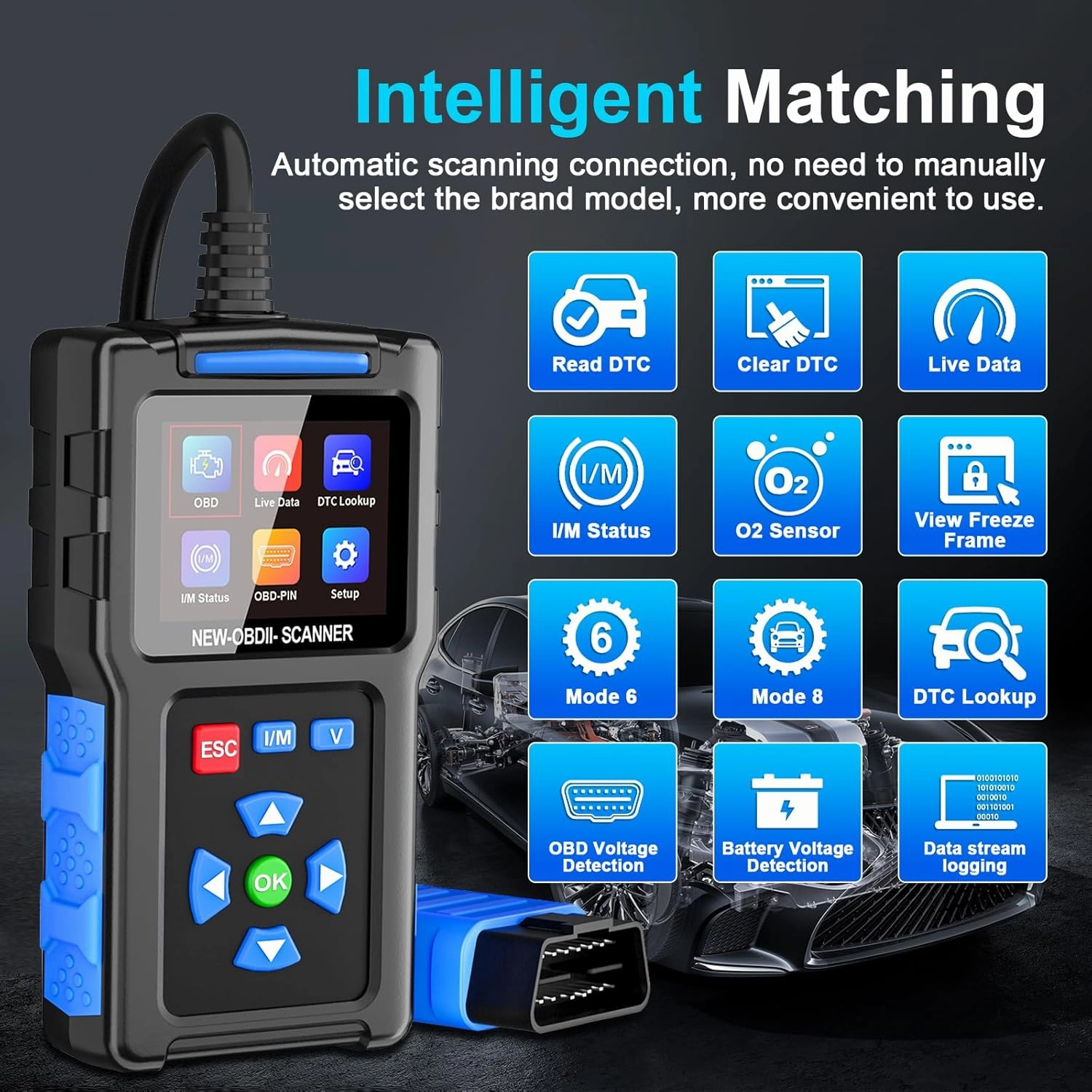 T200 OBD2 Scanner I/M Status Code Reader Mode 6 Mode 8 Scan Tool ECU Info Live Data O2 Sensor Tester DTC Lookup Battery Testing Software Update