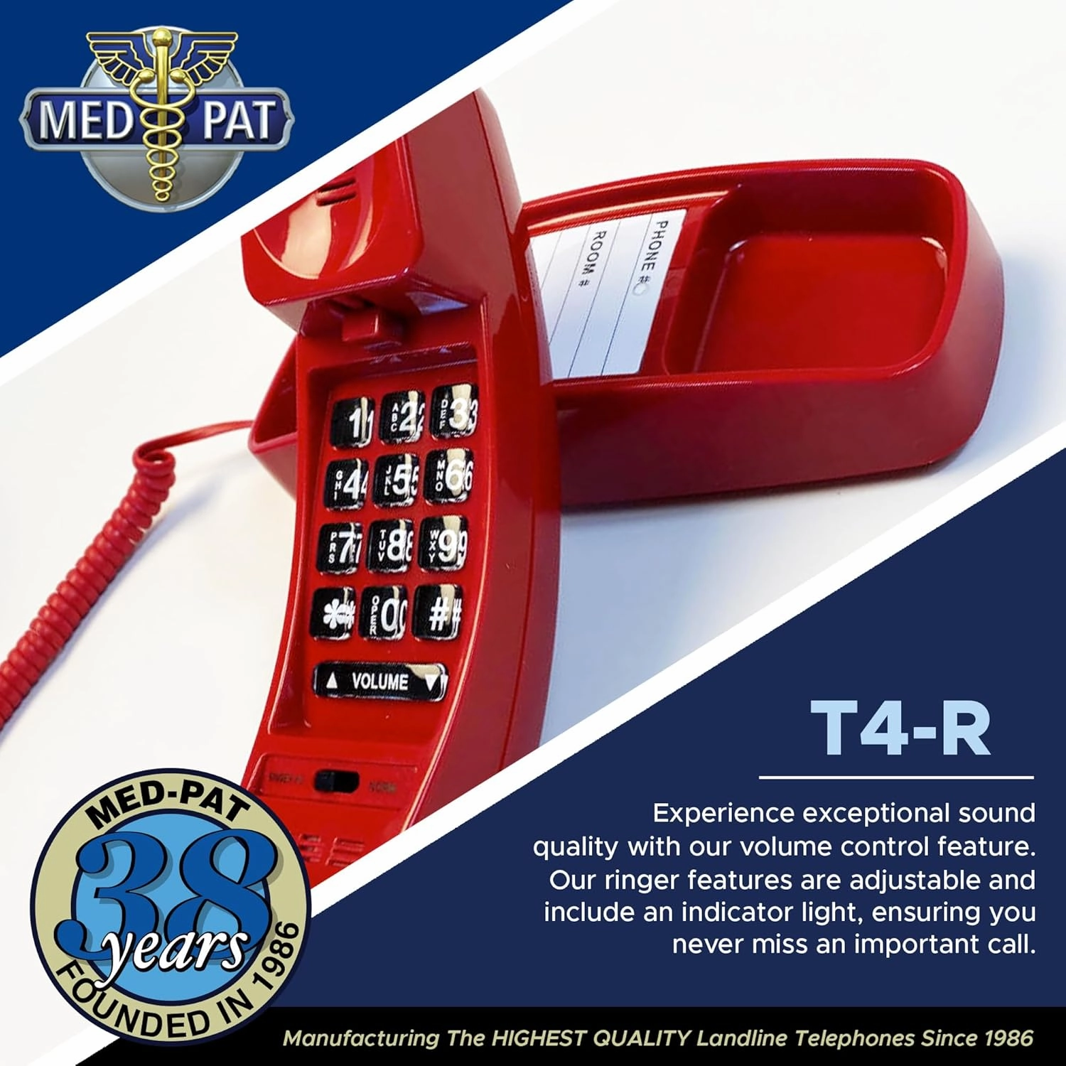 T4-R Full-Featured Trimline Telephone with Super Bright Ring Light Indicator - Clear Ear Sound w/Full Range Volume Control, Ideal for Hotel, Business & Landline Home Use- Red