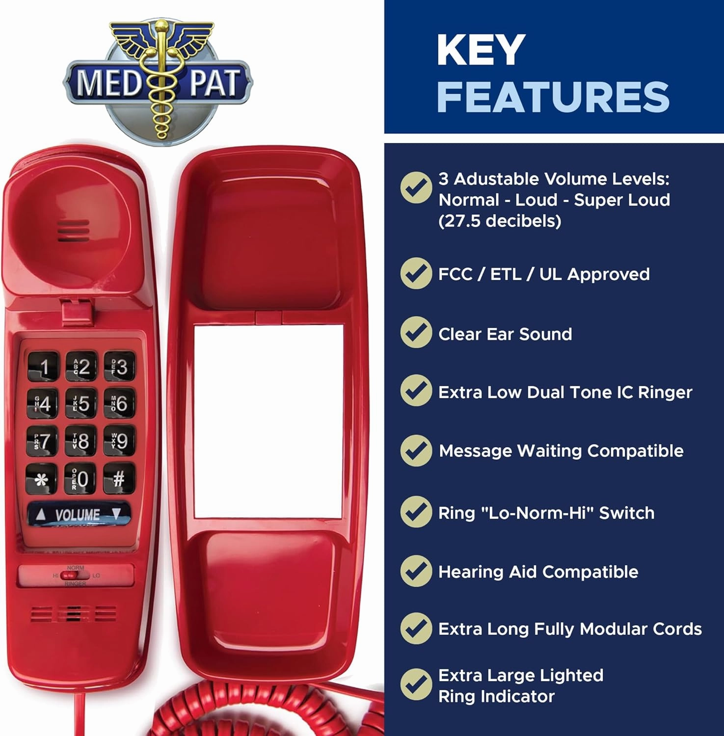 T4-R Full-Featured Trimline Telephone with Super Bright Ring Light Indicator - Clear Ear Sound w/Full Range Volume Control, Ideal for Hotel, Business & Landline Home Use- Red