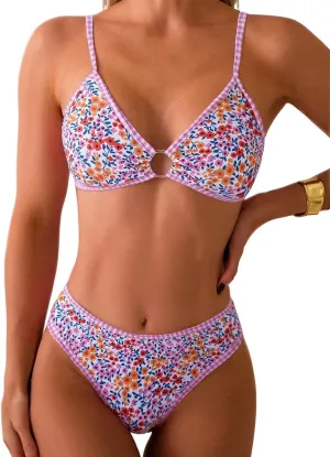 Tainehs Women's Two Piece Bikini Sets O Ring Front Top Ditsy Floral Triangle Swimsuits Cheeky Bathing Suit