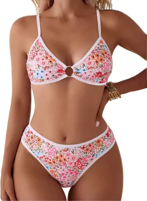 Tainehs Women's Two Piece Bikini Sets O Ring Front Top Ditsy Floral Triangle Swimsuits Cheeky Bathing Suit