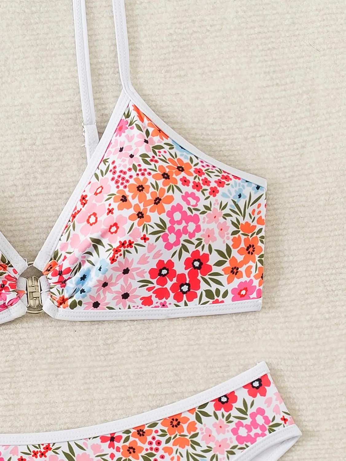 Tainehs Women's Two Piece Bikini Sets O Ring Front Top Ditsy Floral Triangle Swimsuits Cheeky Bathing Suit