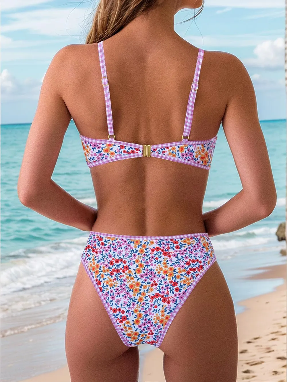 Tainehs Women's Two Piece Bikini Sets O Ring Front Top Ditsy Floral Triangle Swimsuits Cheeky Bathing Suit
