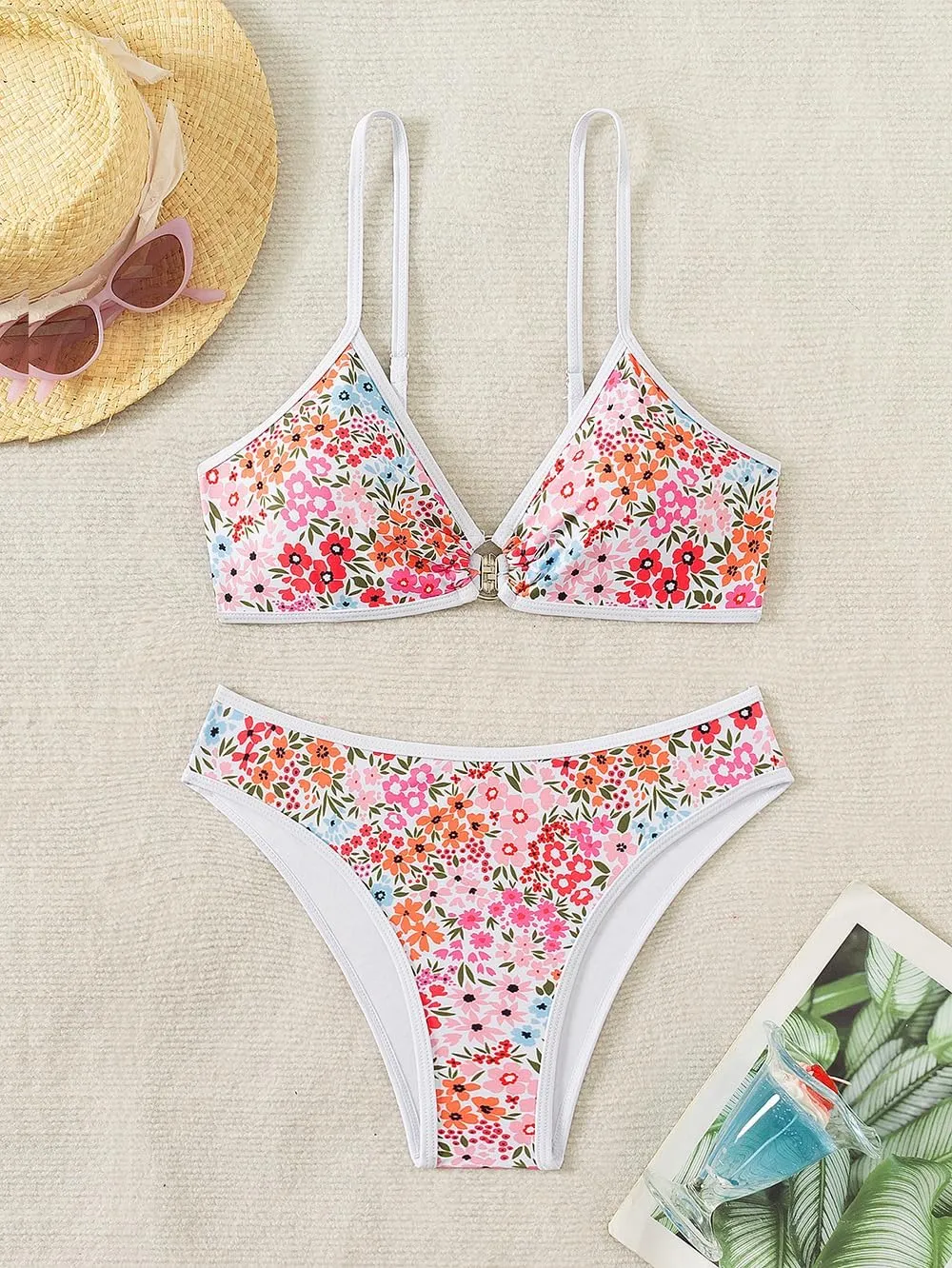 Tainehs Women's Two Piece Bikini Sets O Ring Front Top Ditsy Floral Triangle Swimsuits Cheeky Bathing Suit