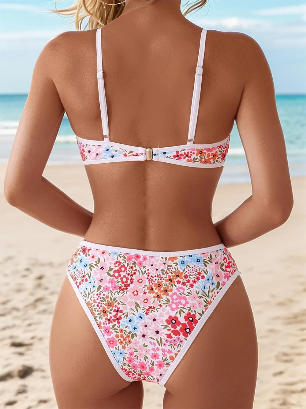 Tainehs Women's Two Piece Bikini Sets O Ring Front Top Ditsy Floral Triangle Swimsuits Cheeky Bathing Suit
