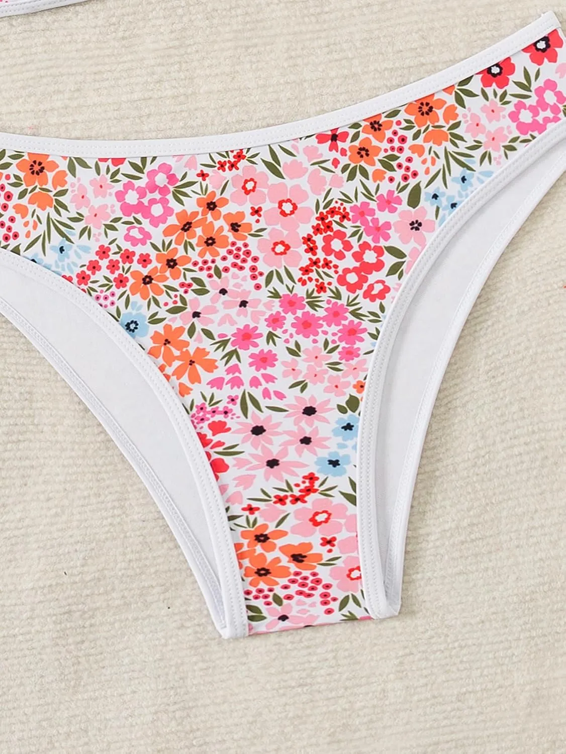 Tainehs Women's Two Piece Bikini Sets O Ring Front Top Ditsy Floral Triangle Swimsuits Cheeky Bathing Suit