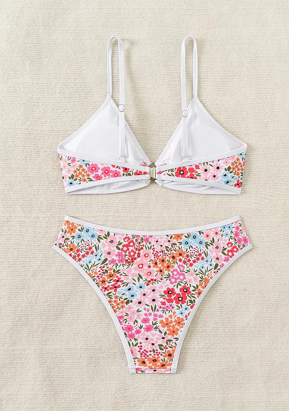 Tainehs Women's Two Piece Bikini Sets O Ring Front Top Ditsy Floral Triangle Swimsuits Cheeky Bathing Suit
