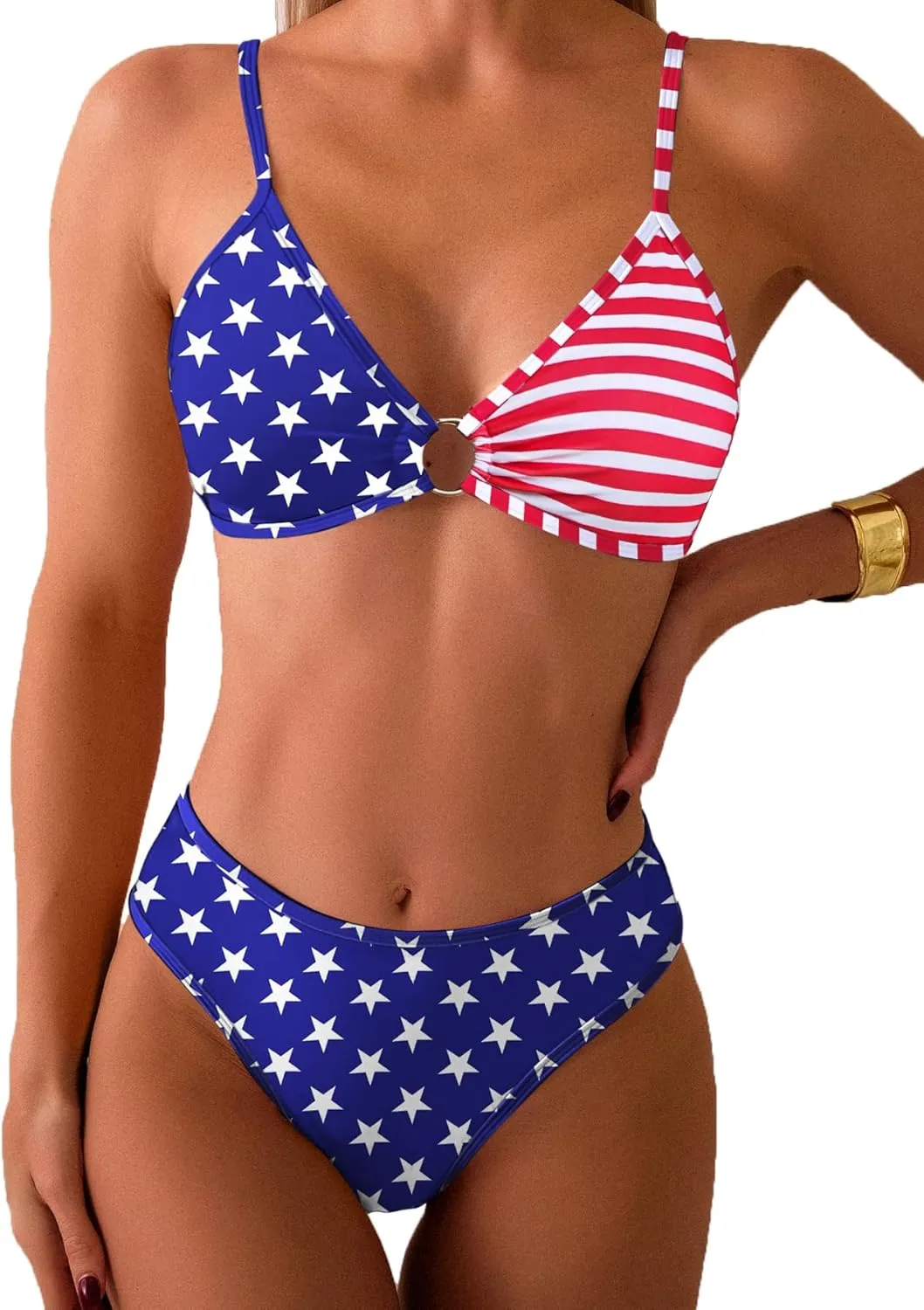 Tainehs Women's Two Piece Bikini Sets O Ring Front Top Ditsy Floral Triangle Swimsuits Cheeky Bathing Suit