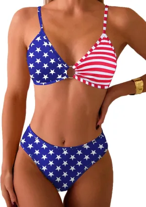 Tainehs Women's Two Piece Bikini Sets O Ring Front Top Ditsy Floral Triangle Swimsuits Cheeky Bathing Suit