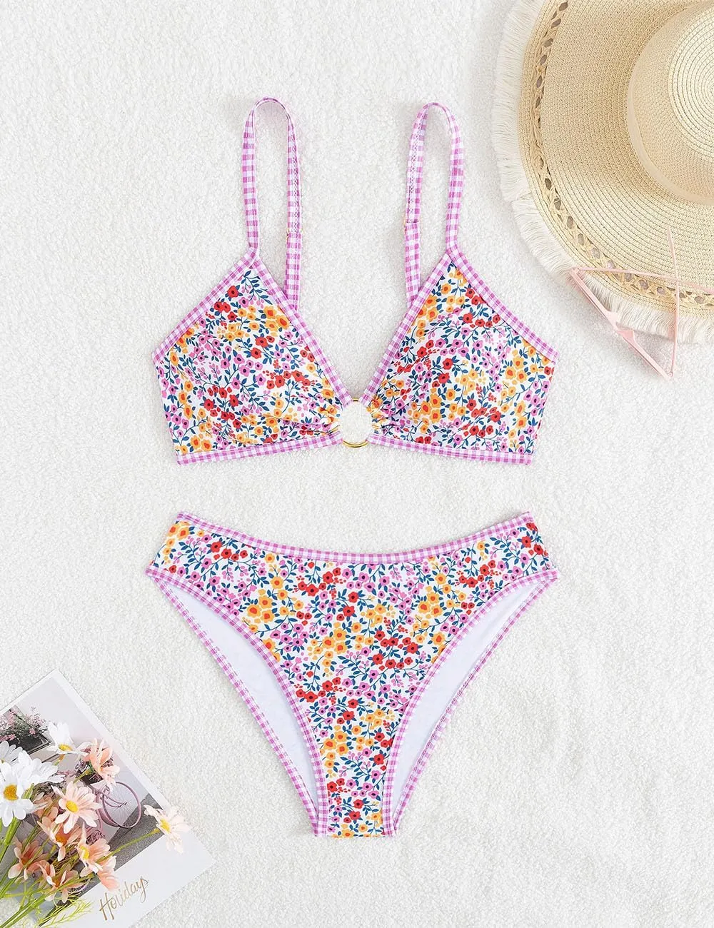 Tainehs Women's Two Piece Bikini Sets O Ring Front Top Ditsy Floral Triangle Swimsuits Cheeky Bathing Suit