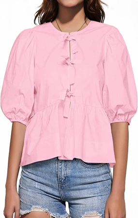 Tankaneo Womens Tie Front Tops Summer Peplum Babydoll Puff Short Sleeve Blouse Cute Cotton Shirts
