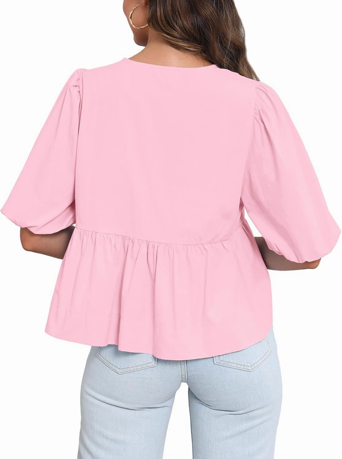 Tankaneo Womens Tie Front Tops Summer Peplum Babydoll Puff Short Sleeve Blouse Cute Cotton Shirts