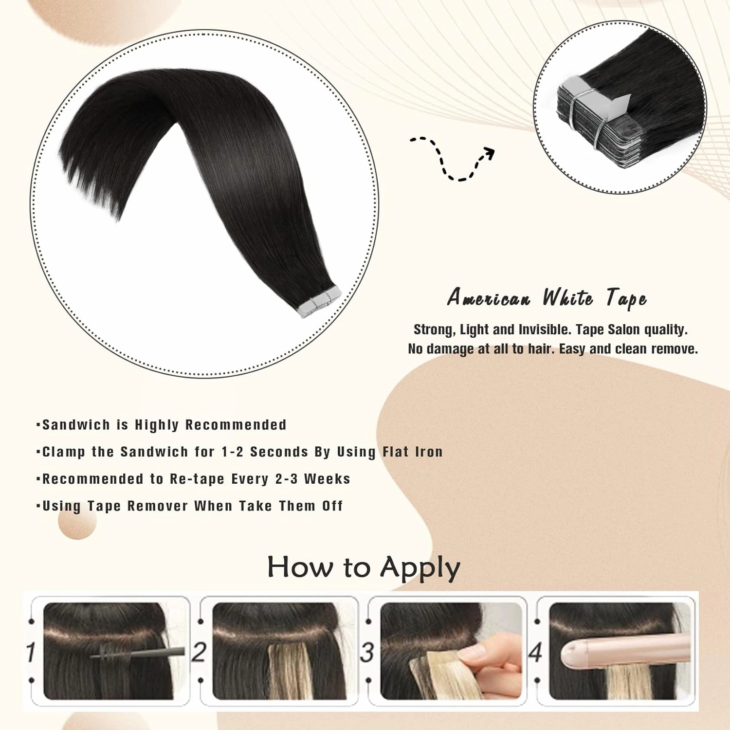 Tape in Hair Extensions Natural Black 14In 20Pcs 50g/set 100% Human Hair for Women