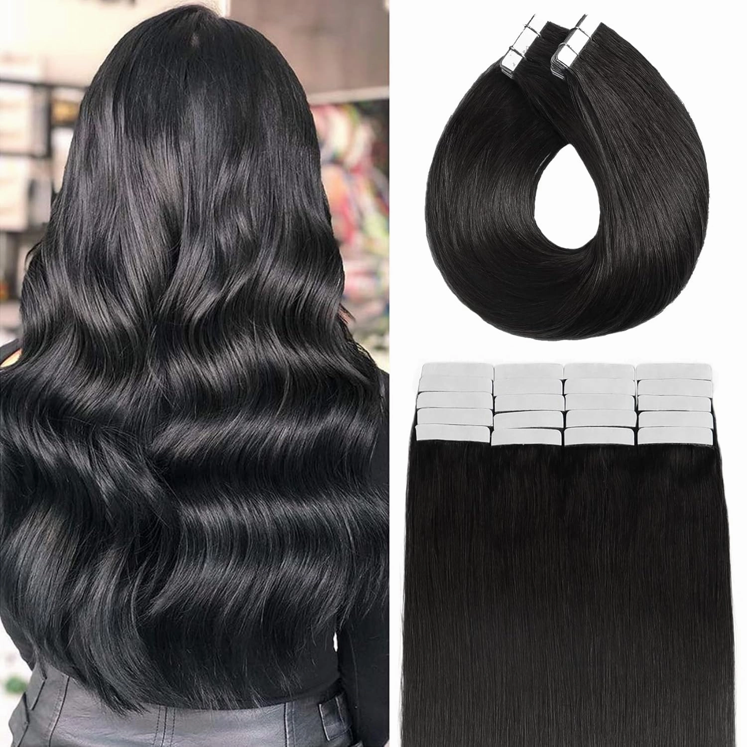 Tape in Hair Extensions Natural Black 14In 20Pcs 50g/set 100% Human Hair for Women