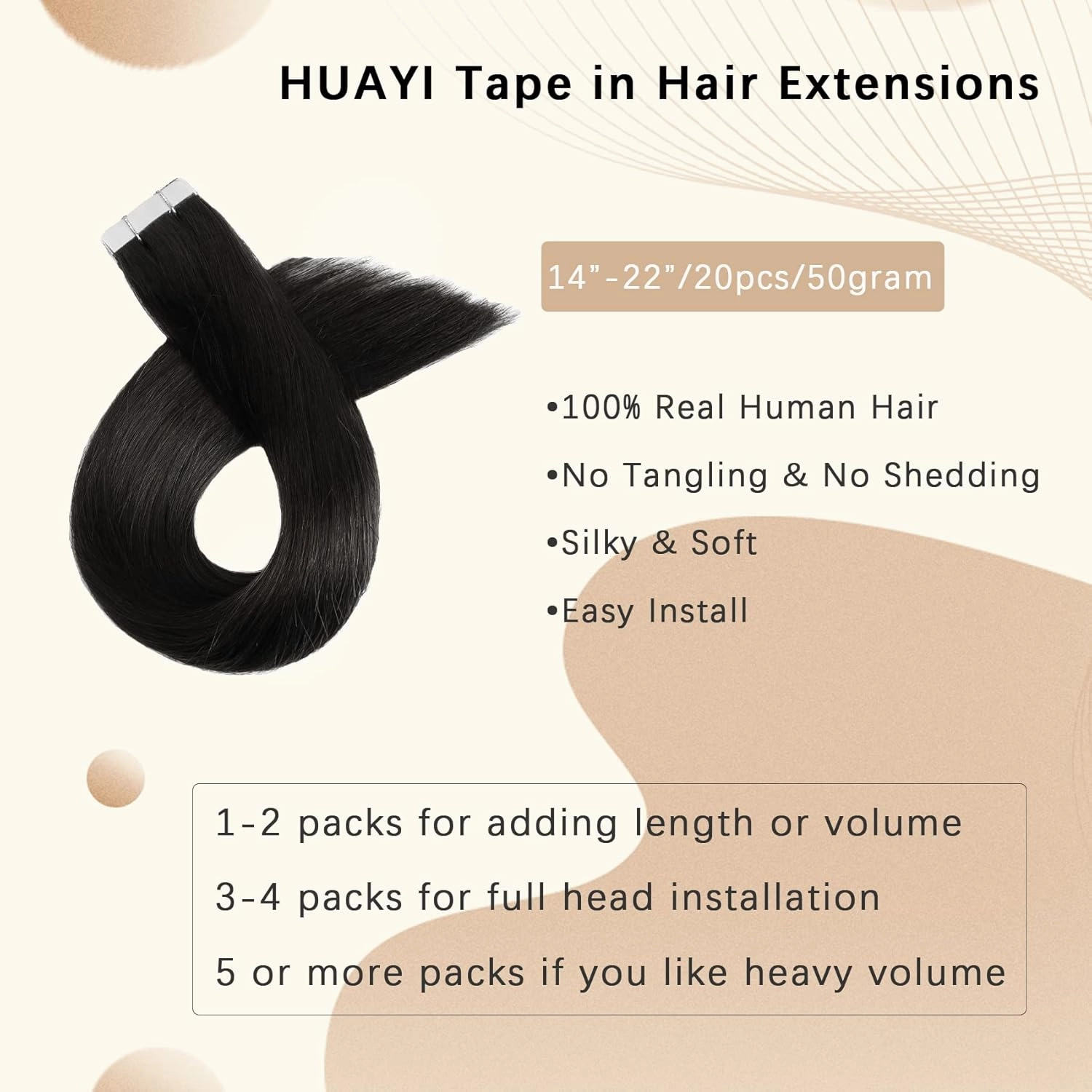 Tape in Hair Extensions Natural Black 14In 20Pcs 50g/set 100% Human Hair for Women