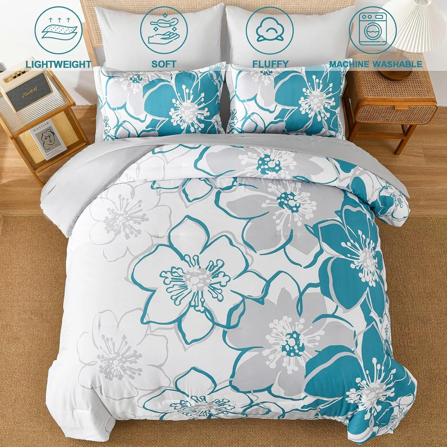 Teal Floral Comforter Set Queen Size 7 Piece, Teal Blue Flower Bed in a Bag, Elegant Botanical Floral Comforter Soft Microfiber Complete Bedding Set for All Season, (Teal, 90"x90")