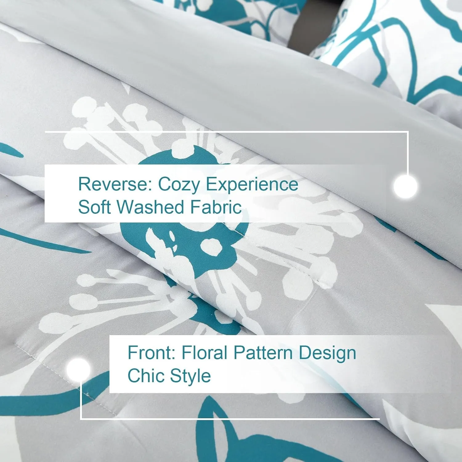 Teal Floral Comforter Set Queen Size 7 Piece, Teal Blue Flower Bed in a Bag, Elegant Botanical Floral Comforter Soft Microfiber Complete Bedding Set for All Season, (Teal, 90"x90")