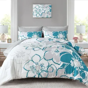 Teal Floral Comforter Set Queen Size 7 Piece, Teal Blue Flower Bed in a Bag, Elegant Botanical Floral Comforter Soft Microfiber Complete Bedding Set for All Season, (Teal, 90"x90")