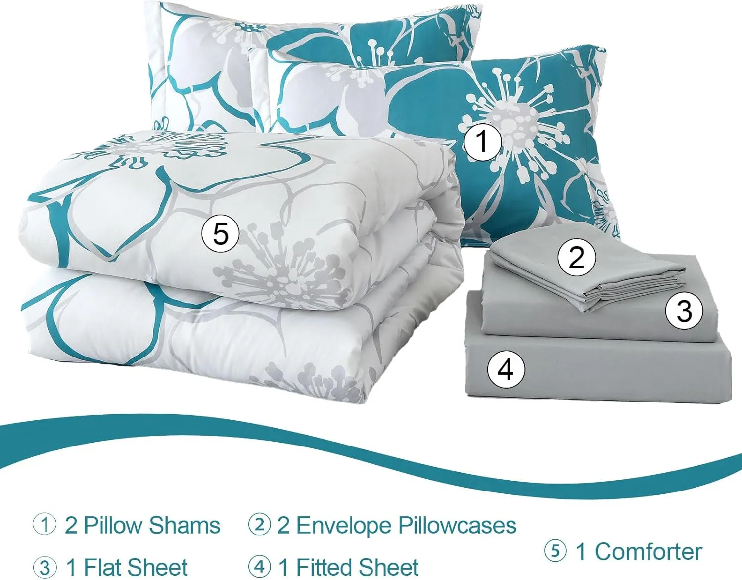Teal Floral Comforter Set Queen Size 7 Piece, Teal Blue Flower Bed in a Bag, Elegant Botanical Floral Comforter Soft Microfiber Complete Bedding Set for All Season, (Teal, 90"x90")