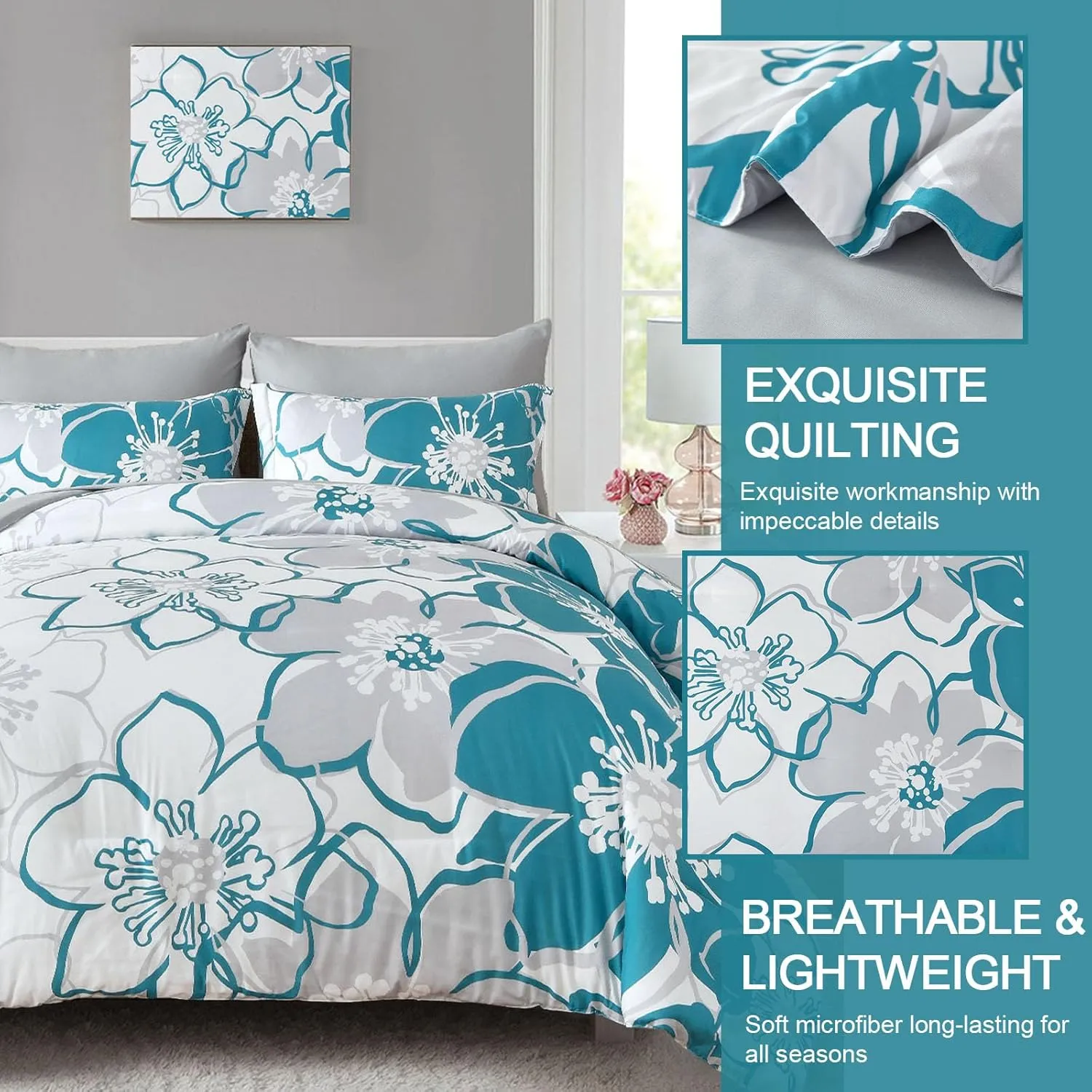 Teal Floral Comforter Set Queen Size 7 Piece, Teal Blue Flower Bed in a Bag, Elegant Botanical Floral Comforter Soft Microfiber Complete Bedding Set for All Season, (Teal, 90"x90")