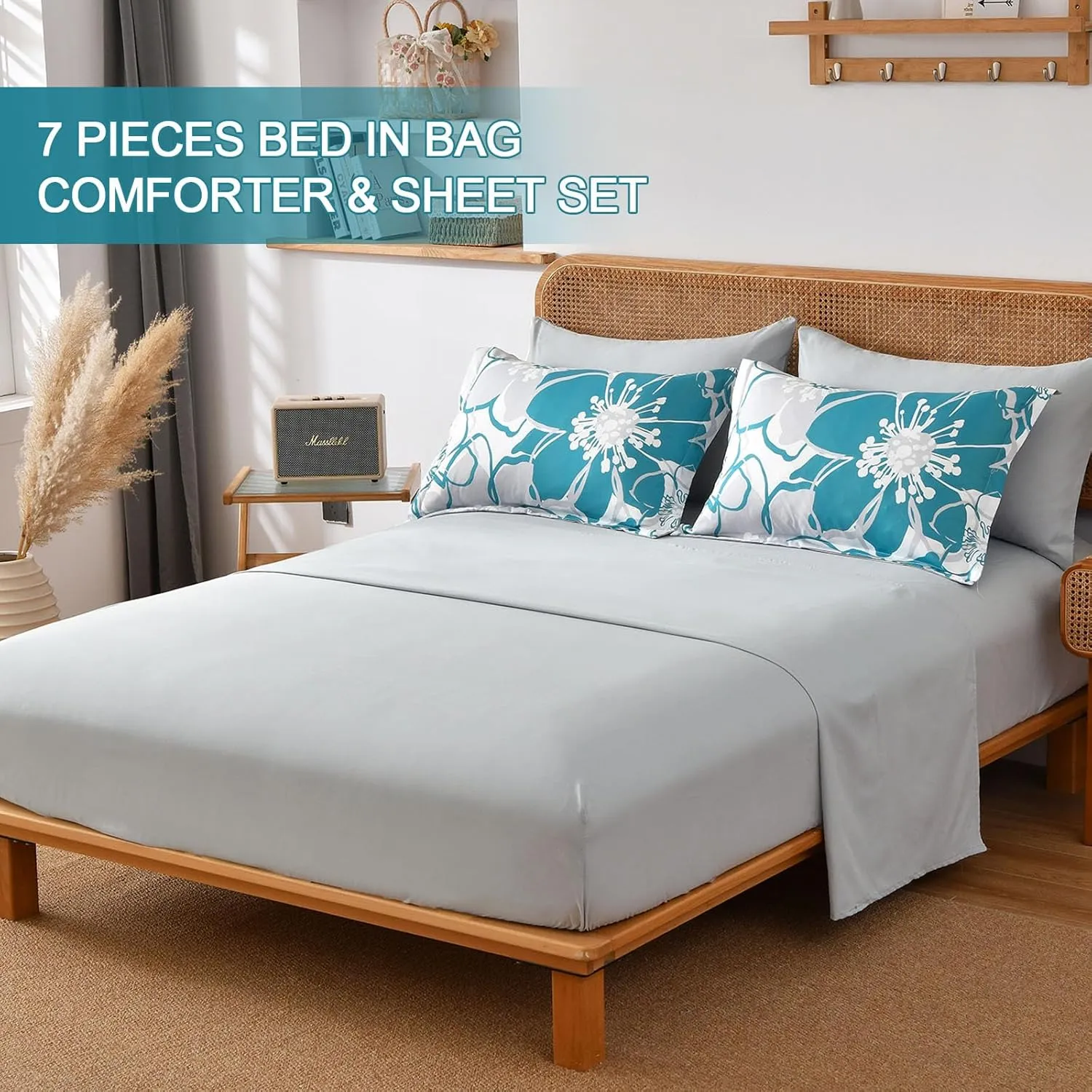 Teal Floral Comforter Set Queen Size 7 Piece, Teal Blue Flower Bed in a Bag, Elegant Botanical Floral Comforter Soft Microfiber Complete Bedding Set for All Season, (Teal, 90"x90")