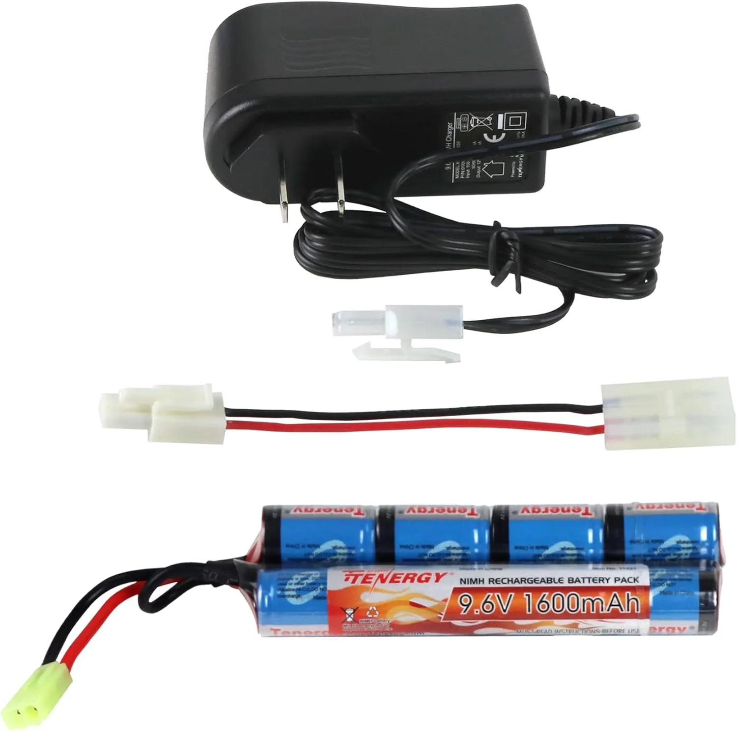 Tenergy RC Battery Charger and 9.6V NiMH 1600mAh Rechargeable Butterfly Battery Pack with Mini Tamiya Connector for AEGs