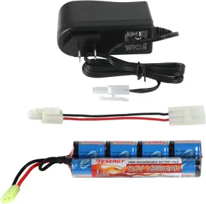 Tenergy RC Battery Charger and 9.6V NiMH 1600mAh Rechargeable Butterfly Battery Pack with Mini Tamiya Connector for AEGs