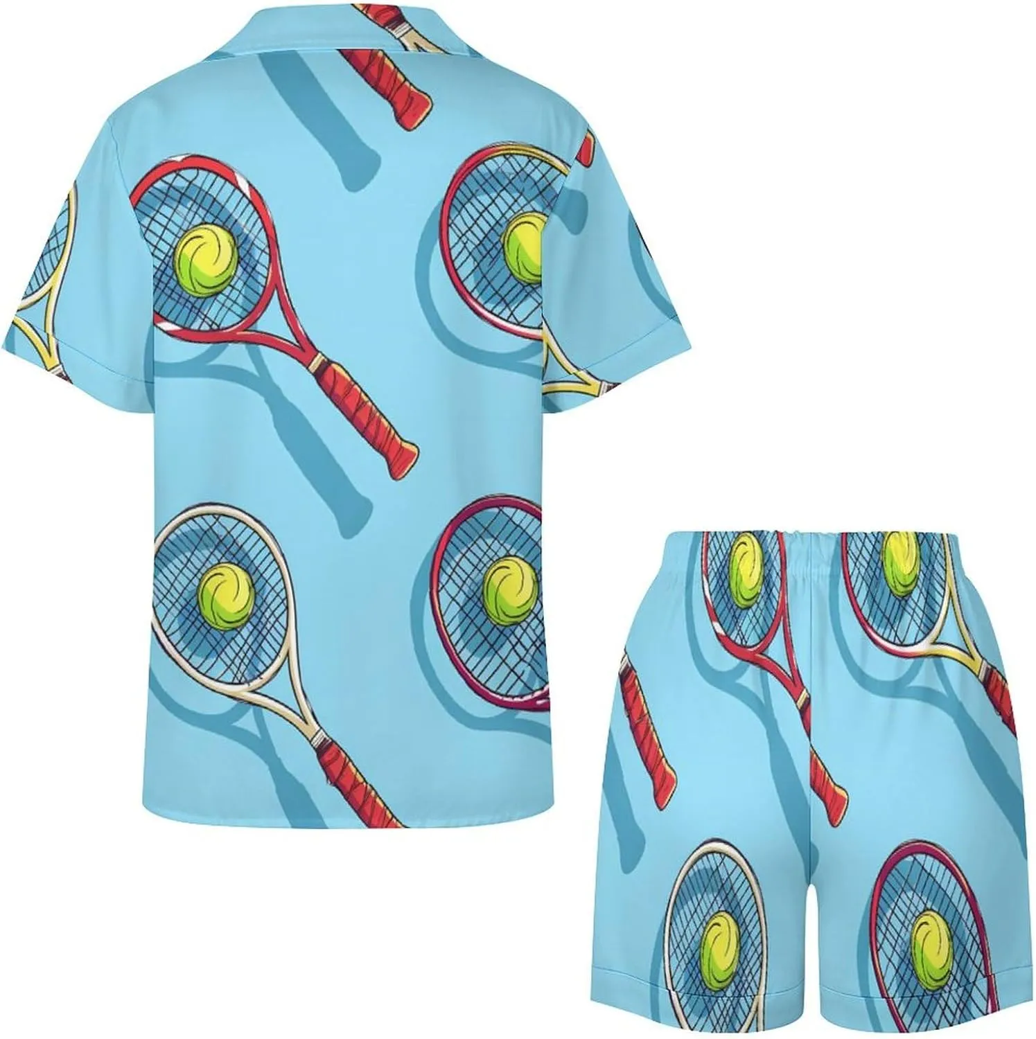 Tennis Ball Racket Sport Women's Satin Pajama Set Short Sleeve Button Down Sleepwear Loungewear Pj Set
