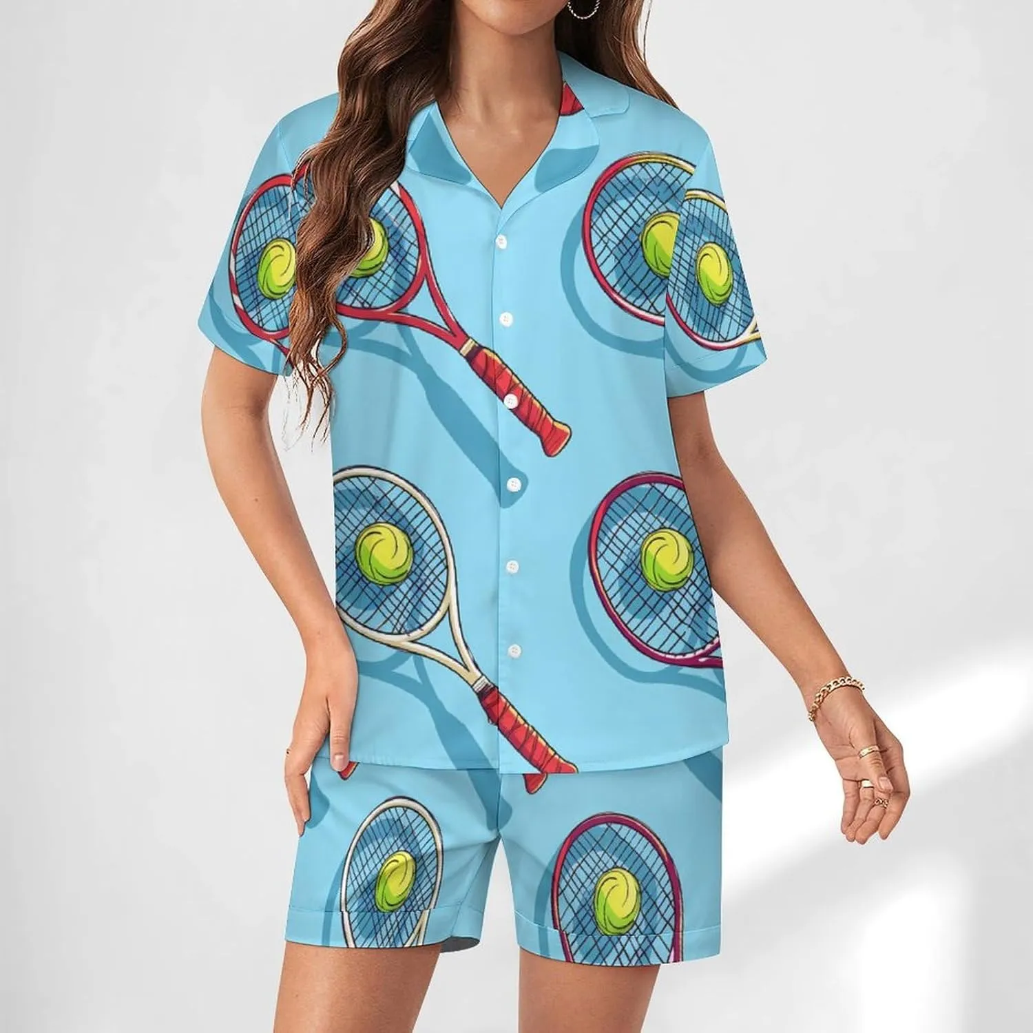 Tennis Ball Racket Sport Women's Satin Pajama Set Short Sleeve Button Down Sleepwear Loungewear Pj Set