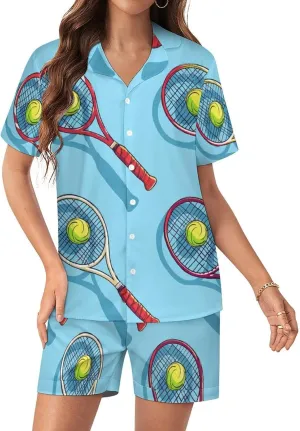 Tennis Ball Racket Sport Women's Satin Pajama Set Short Sleeve Button Down Sleepwear Loungewear Pj Set