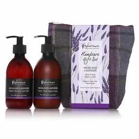 The Highland Soap Company Hand Care Gift Set, Organic Hand Wash & Lotion Set in Contempory Tweed Toiletry Bag (Highland Lavender)