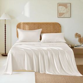 THXSILK Luxury Mulberry Silk Bed Sheets Set - 4pcs Silk Sheets Set 16" Deep Pocket - 1 Fitted Sheet, 1 Flat Sheet, 2 Pillowcases with Zipper Closure - Queen, White