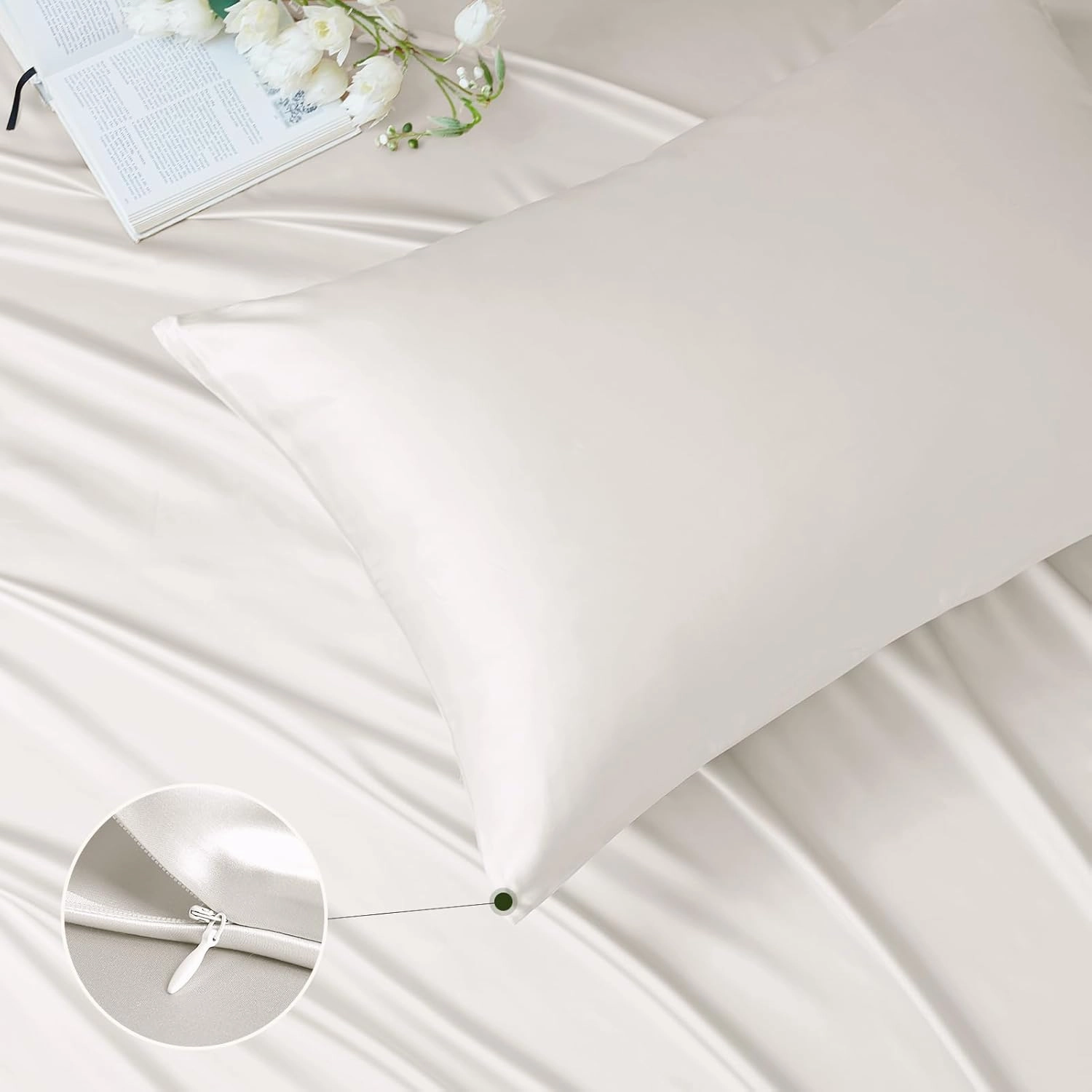THXSILK Luxury Mulberry Silk Bed Sheets Set - 4pcs Silk Sheets Set 16" Deep Pocket - 1 Fitted Sheet, 1 Flat Sheet, 2 Pillowcases with Zipper Closure - Queen, White