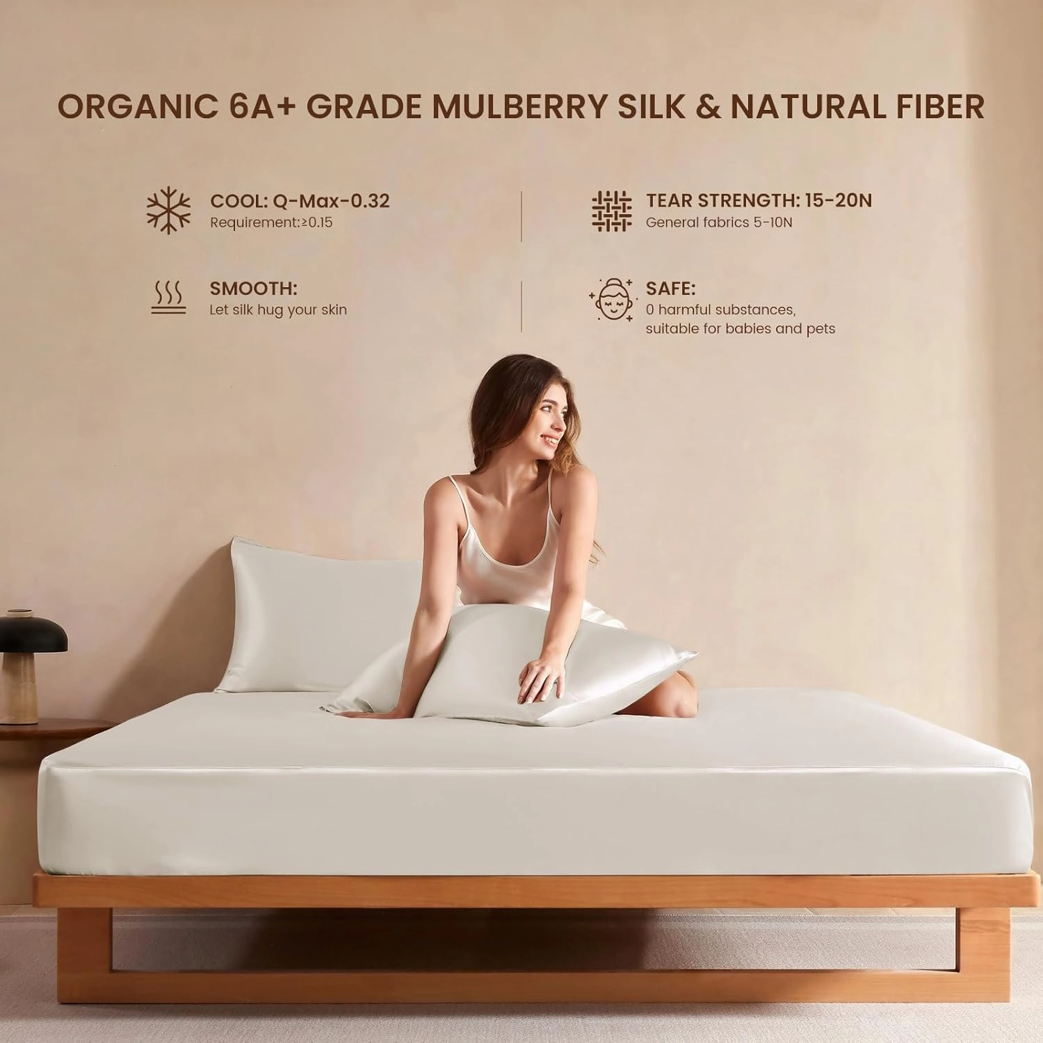 THXSILK Luxury Mulberry Silk Bed Sheets Set - 4pcs Silk Sheets Set 16" Deep Pocket - 1 Fitted Sheet, 1 Flat Sheet, 2 Pillowcases with Zipper Closure - Queen, White