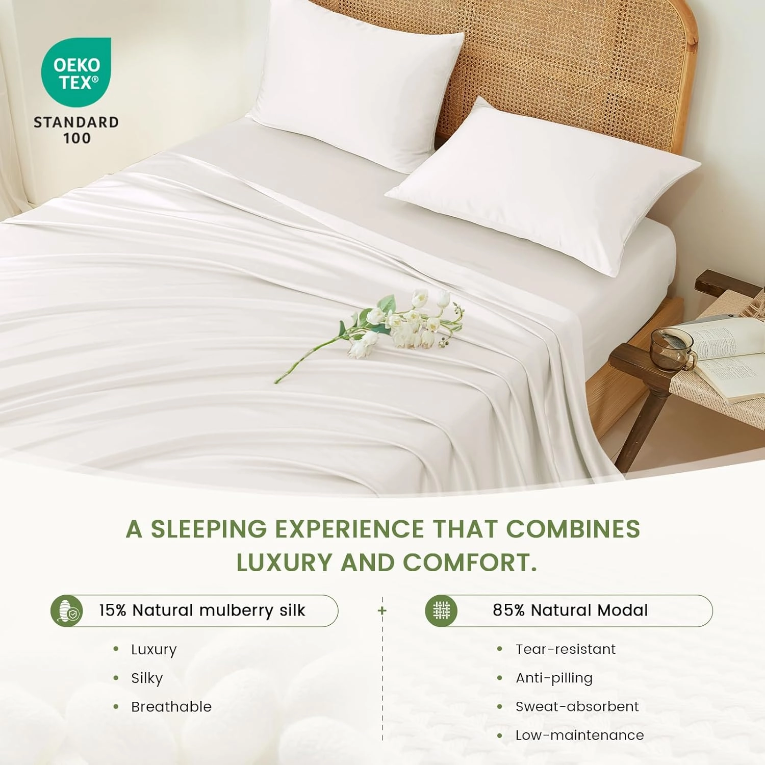 THXSILK Luxury Mulberry Silk Bed Sheets Set - 4pcs Silk Sheets Set 16" Deep Pocket - 1 Fitted Sheet, 1 Flat Sheet, 2 Pillowcases with Zipper Closure - Queen, White