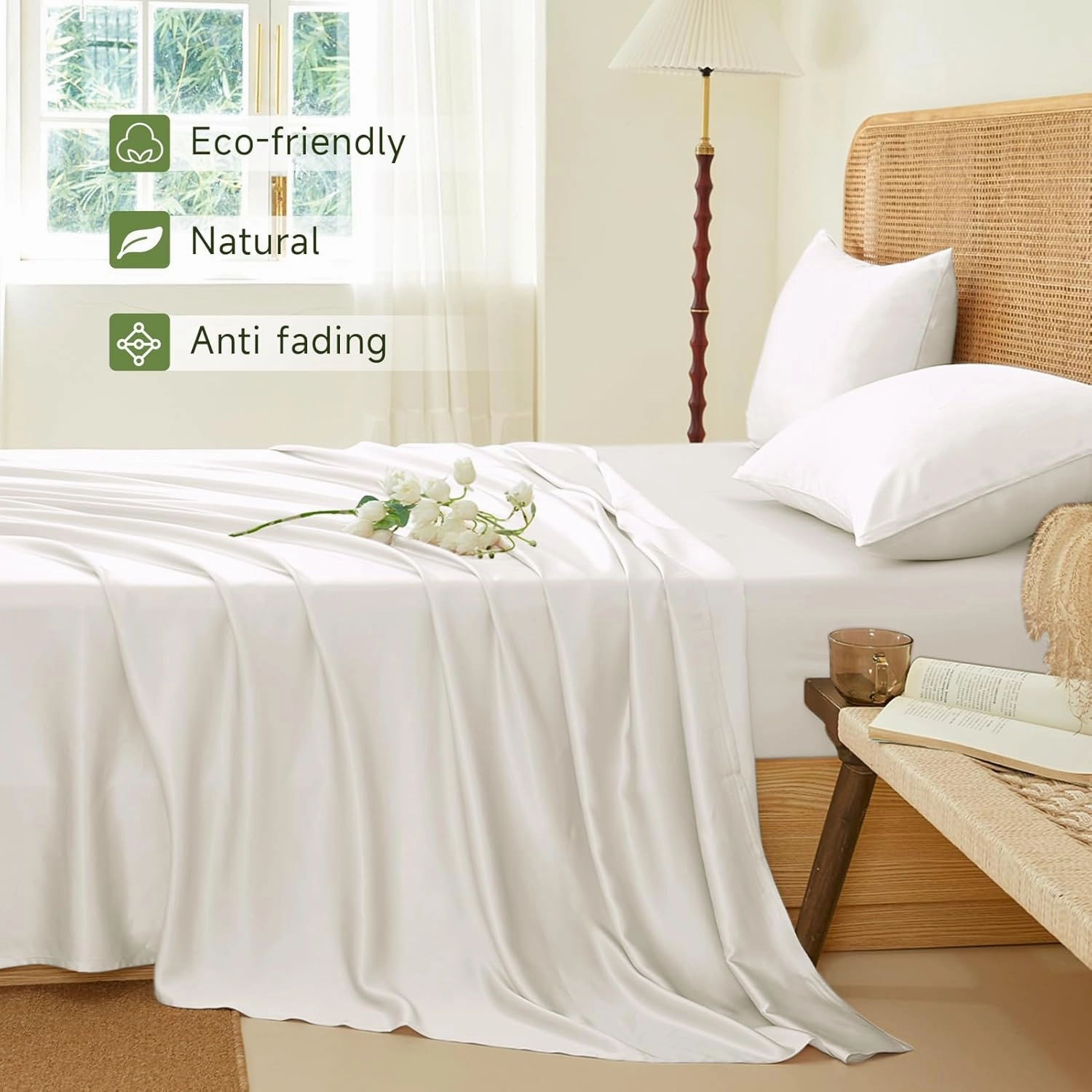 THXSILK Luxury Mulberry Silk Bed Sheets Set - 4pcs Silk Sheets Set 16" Deep Pocket - 1 Fitted Sheet, 1 Flat Sheet, 2 Pillowcases with Zipper Closure - Queen, White