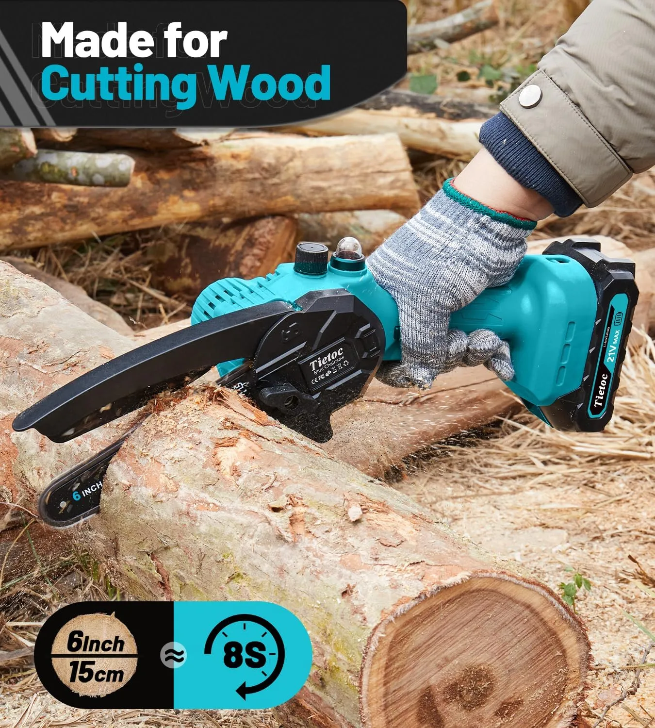 Tietoc Mini Chainsaw Cordless 6-inch, Lightweight Handheld Electric Saw, Battery Powered Pruning Chain Saw Kit for Household and Garden, Gifts for Men, Dad, Husband, Gardener and DIYer