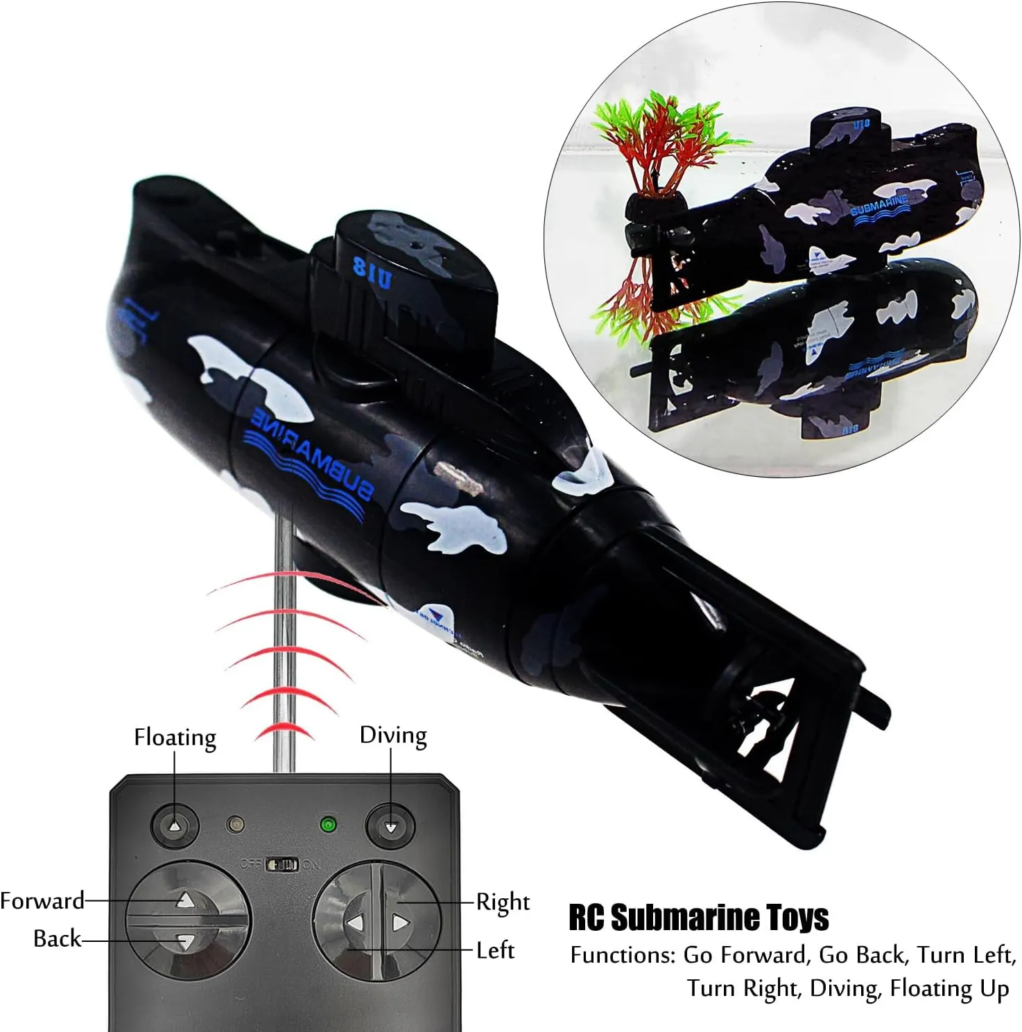 Tipmant Mini RC Submarine Remote Control Boat Ship Military Model Electric Water Toy Waterproof Diving Kids Gift Black