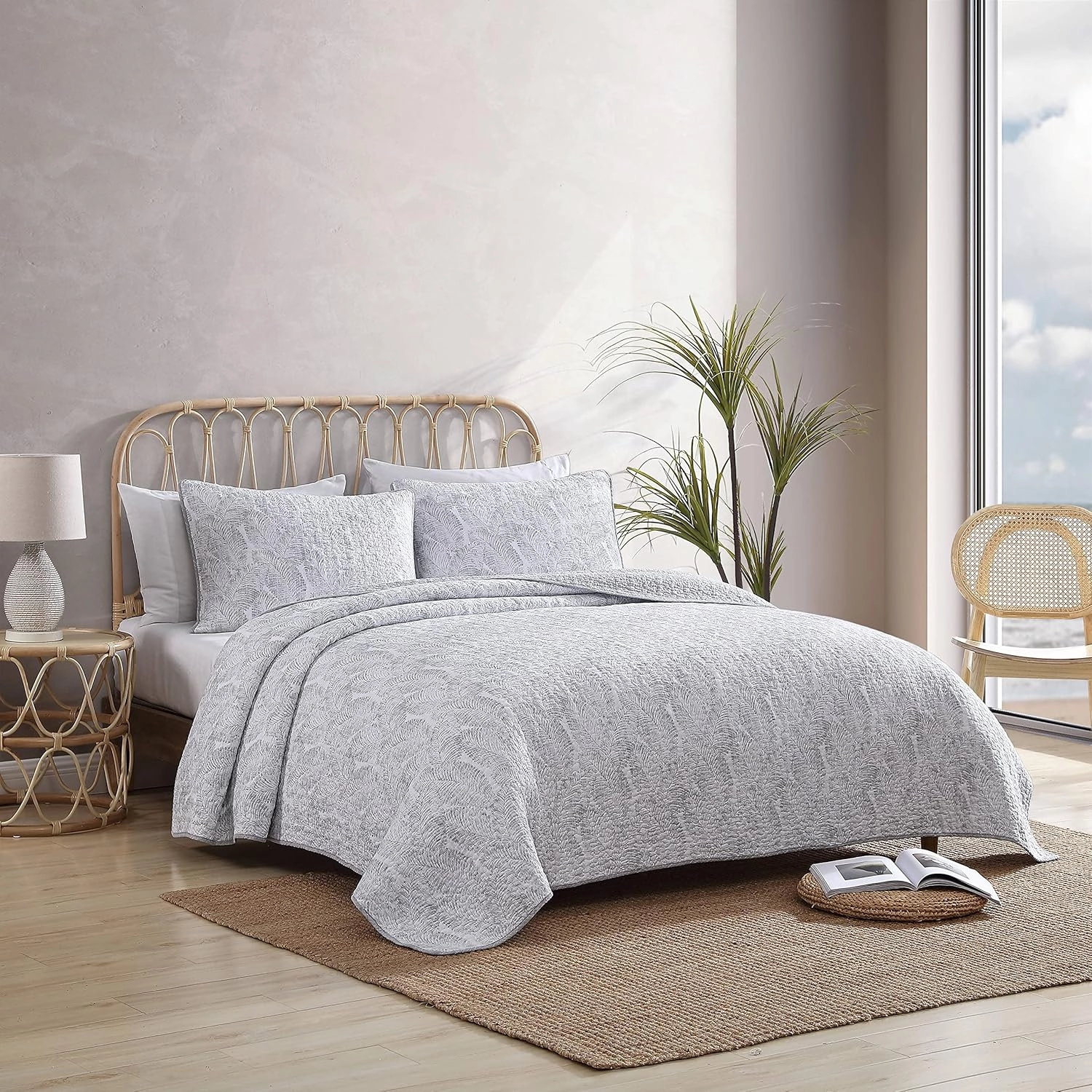 Tommy Bahama - King Quilt Set, Reversible Cotton Bedding with Matching Shams, Pre-Washed for Added Softness (Distressed Water Leaves Grey, King), Grey/White