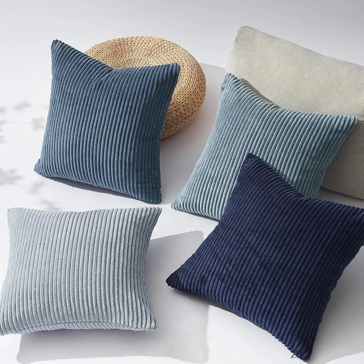 Topfinel Decorative Throw Pillow Covers Dusty Blue Navy Series 18x18 Inch Set of 4,Summer Corduroy Striped Toss Pillows for Couch,Patio,Balcony,Children Bedroom,Modern Fluffy Blue Gradient Shams