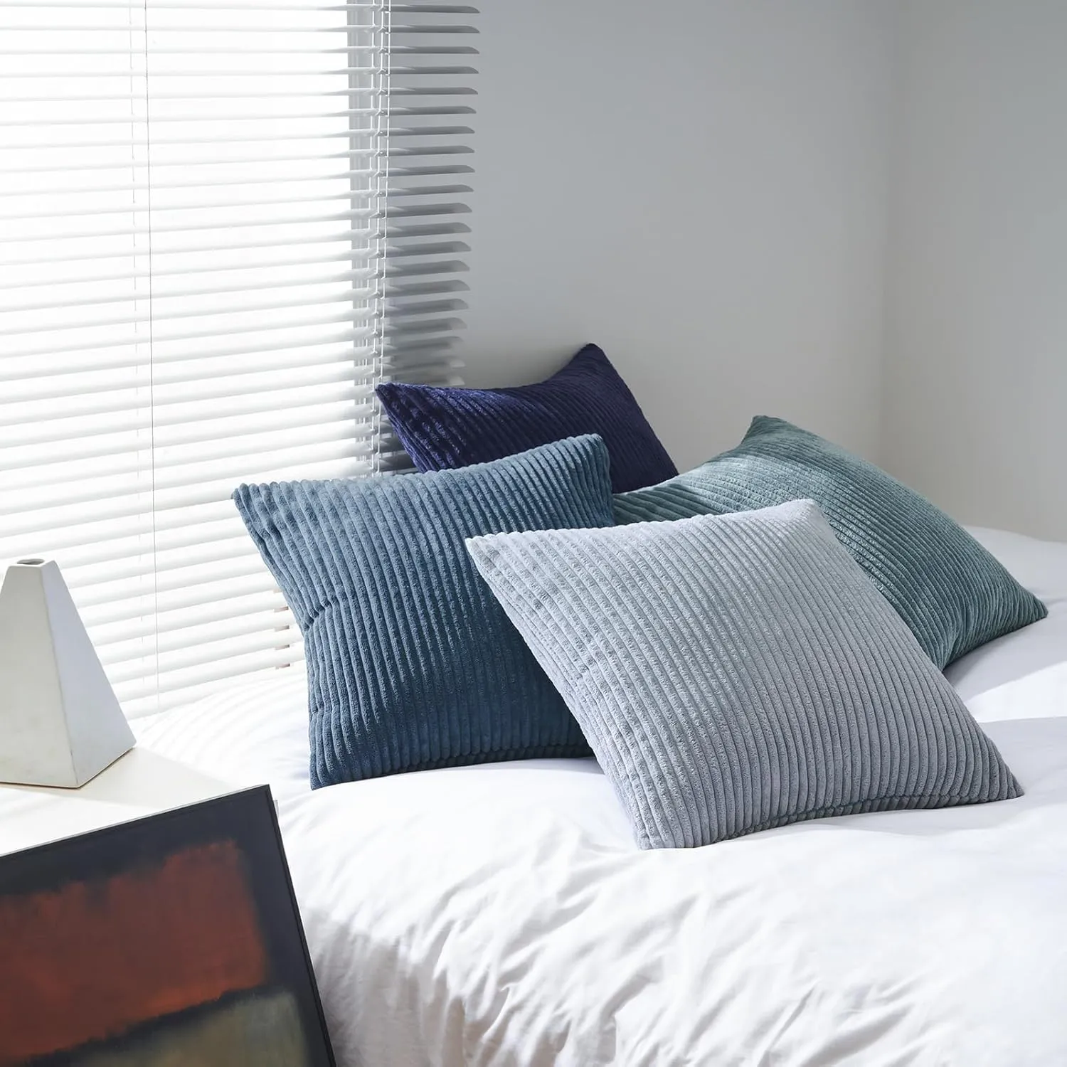 Topfinel Decorative Throw Pillow Covers Dusty Blue Navy Series 18x18 Inch Set of 4,Summer Corduroy Striped Toss Pillows for Couch,Patio,Balcony,Children Bedroom,Modern Fluffy Blue Gradient Shams