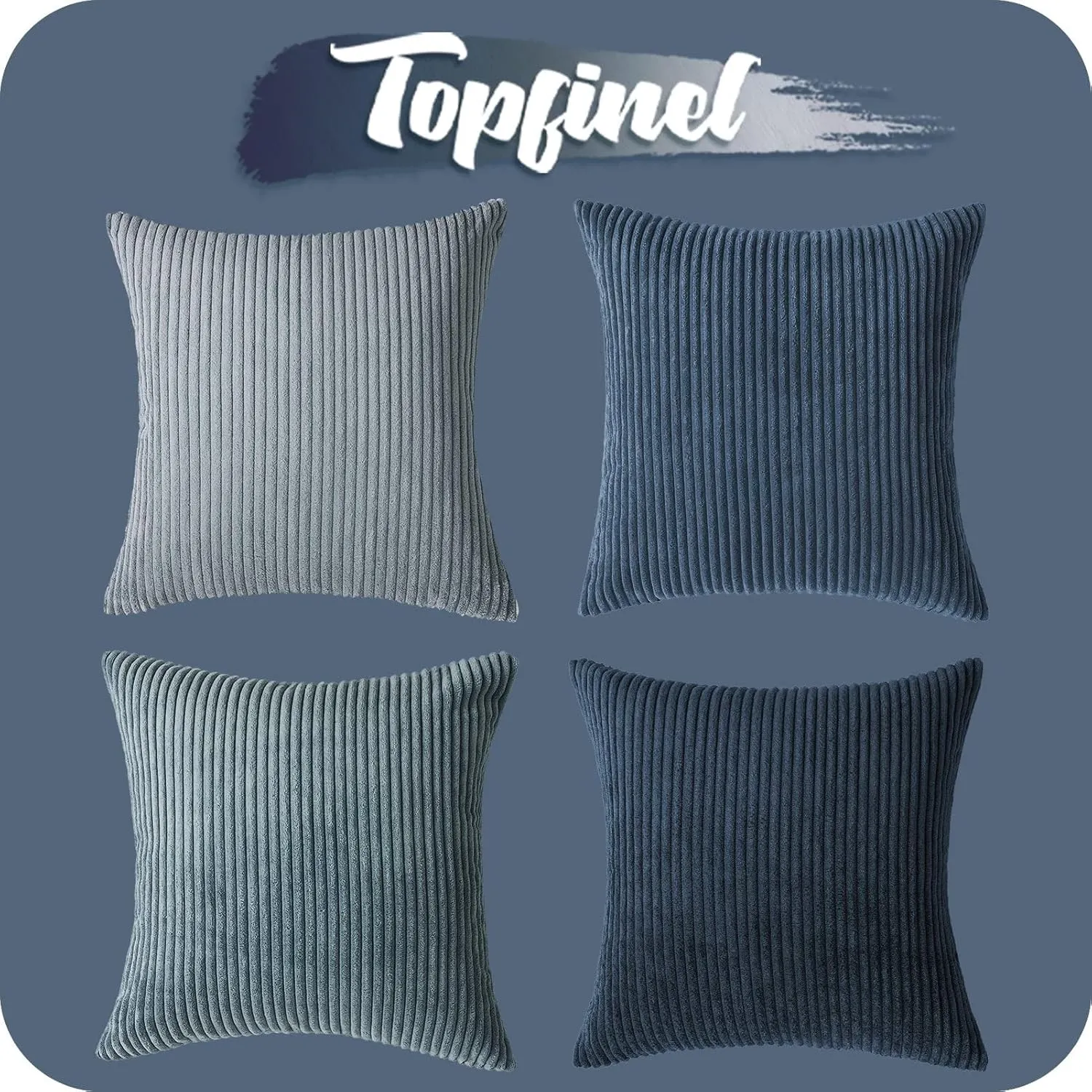 Topfinel Decorative Throw Pillow Covers Dusty Blue Navy Series 18x18 Inch Set of 4,Summer Corduroy Striped Toss Pillows for Couch,Patio,Balcony,Children Bedroom,Modern Fluffy Blue Gradient Shams
