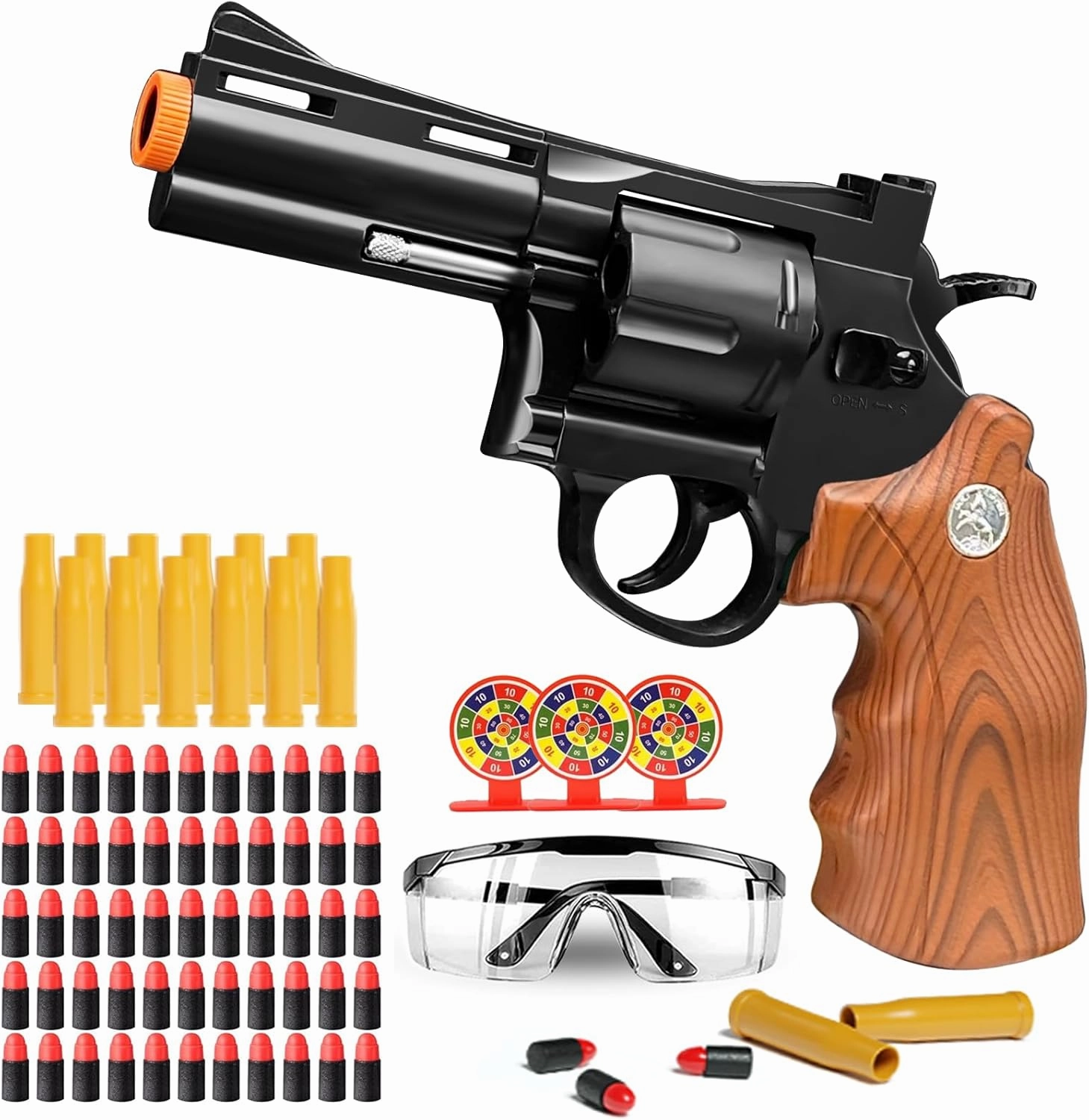 Toy Revolver Gun Shell Ejecting Toy Gun, Toy Gun Pistols with 80 Soft Bullets, 12 Shells, 1 Goggles and 3 Targets, Educational Model Toys Shooting Games Gifts for Boys and Girls, Kids 6  Years Old