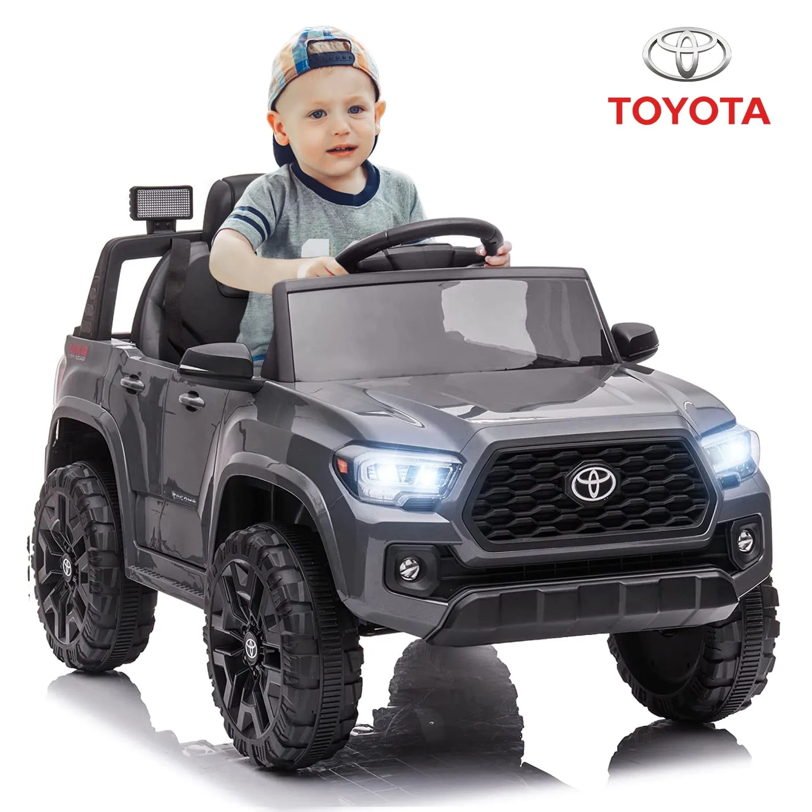 Track 7 Ride on Car with Remote Control, 12V Toyota Tacoma Electric Car for Boys Girls Age 3 , AUX/FM/USB, Storage Truck, Black