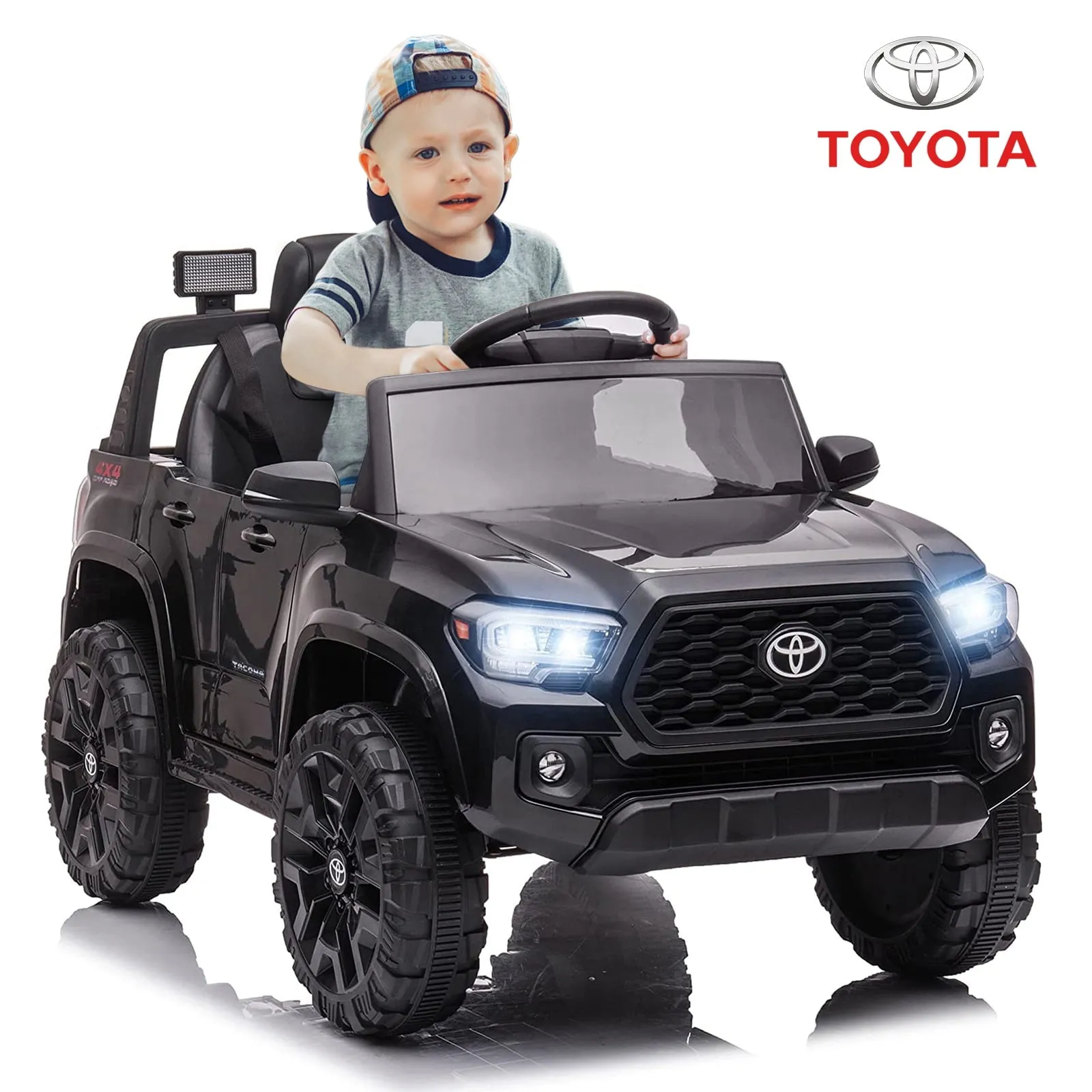 Track 7 Ride on Car with Remote Control, 12V Toyota Tacoma Electric Car for Boys Girls Age 3 , AUX/FM/USB, Storage Truck, Black